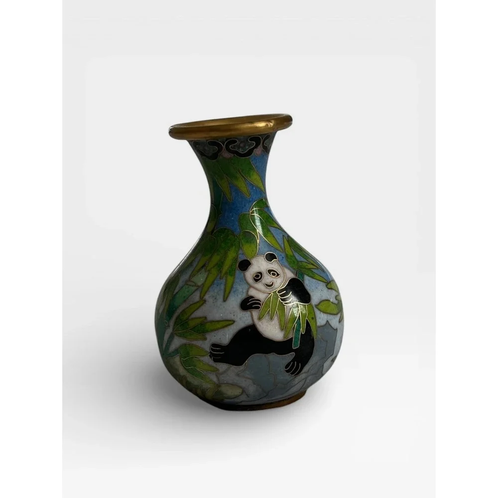 Vintage Chinese Cloisonne Enamel Panda Bamboo Miniature Bud‎ Decor Vase Brass 4
